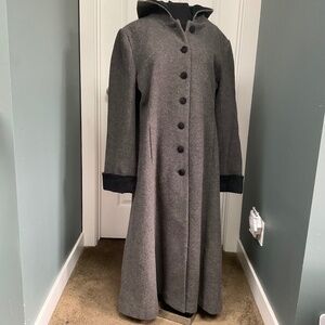 Hooded Long Wool Winter Coat with Velvet Lined Hood and Cuffs (size 12/large)